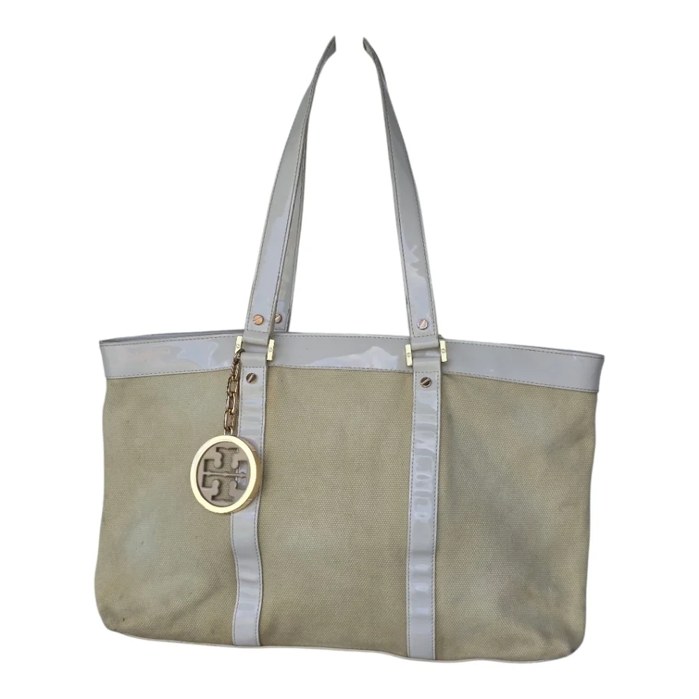 Tory Burch Jane Beige Canvas Tote Leather Purse Handbag Satchel Tan White Logo
